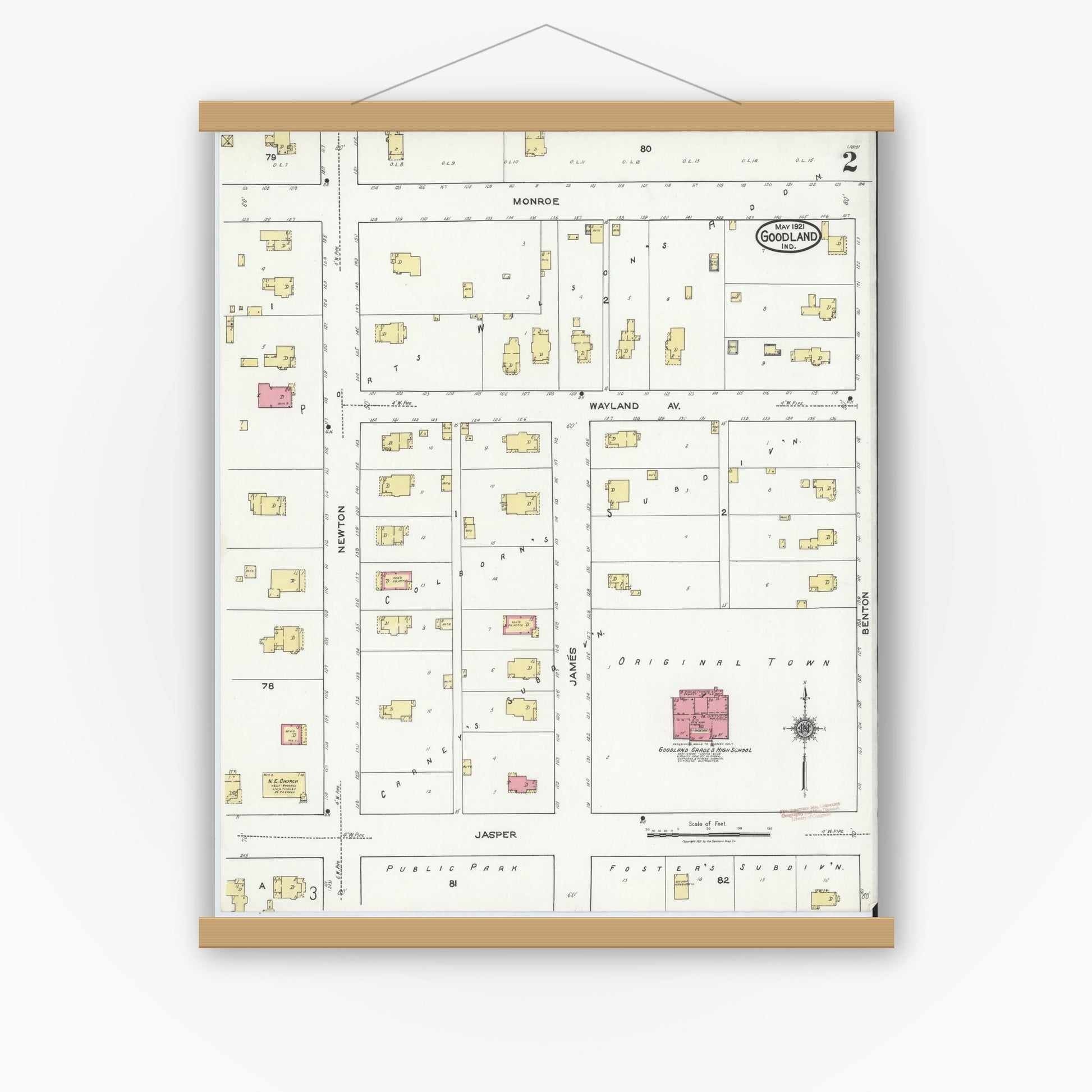Old map wall art mockup — magnetic wood frame on white wall — Sanborn Fire Insurance Map from Goodland, Newton County, Indiana (1921), Sheet #0002