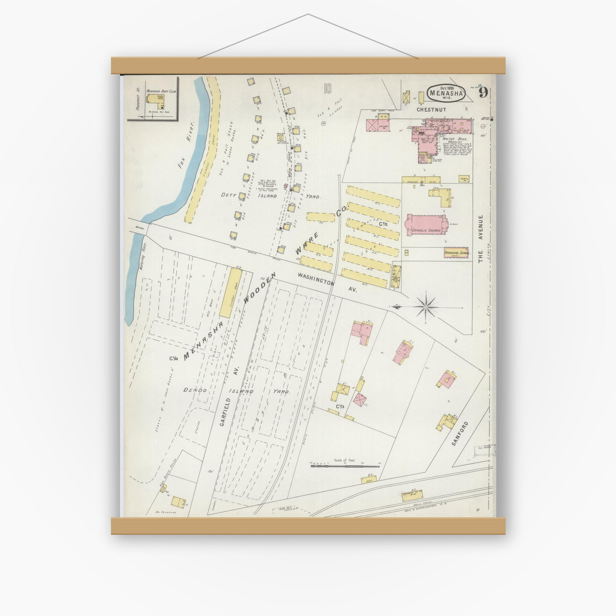 Old map wall art mockup — magnetic wood frame on white wall — Sanborn Fire Insurance Map from Menasha, Winnebago County, Wisconsin (1895), Sheet #0009