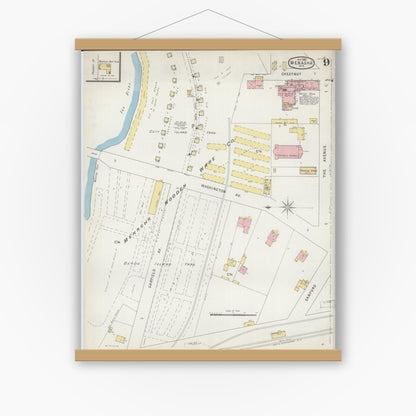 Old map wall art mockup — magnetic wood frame on white wall — Sanborn Fire Insurance Map from Menasha, Winnebago County, Wisconsin (1895), Sheet #0009