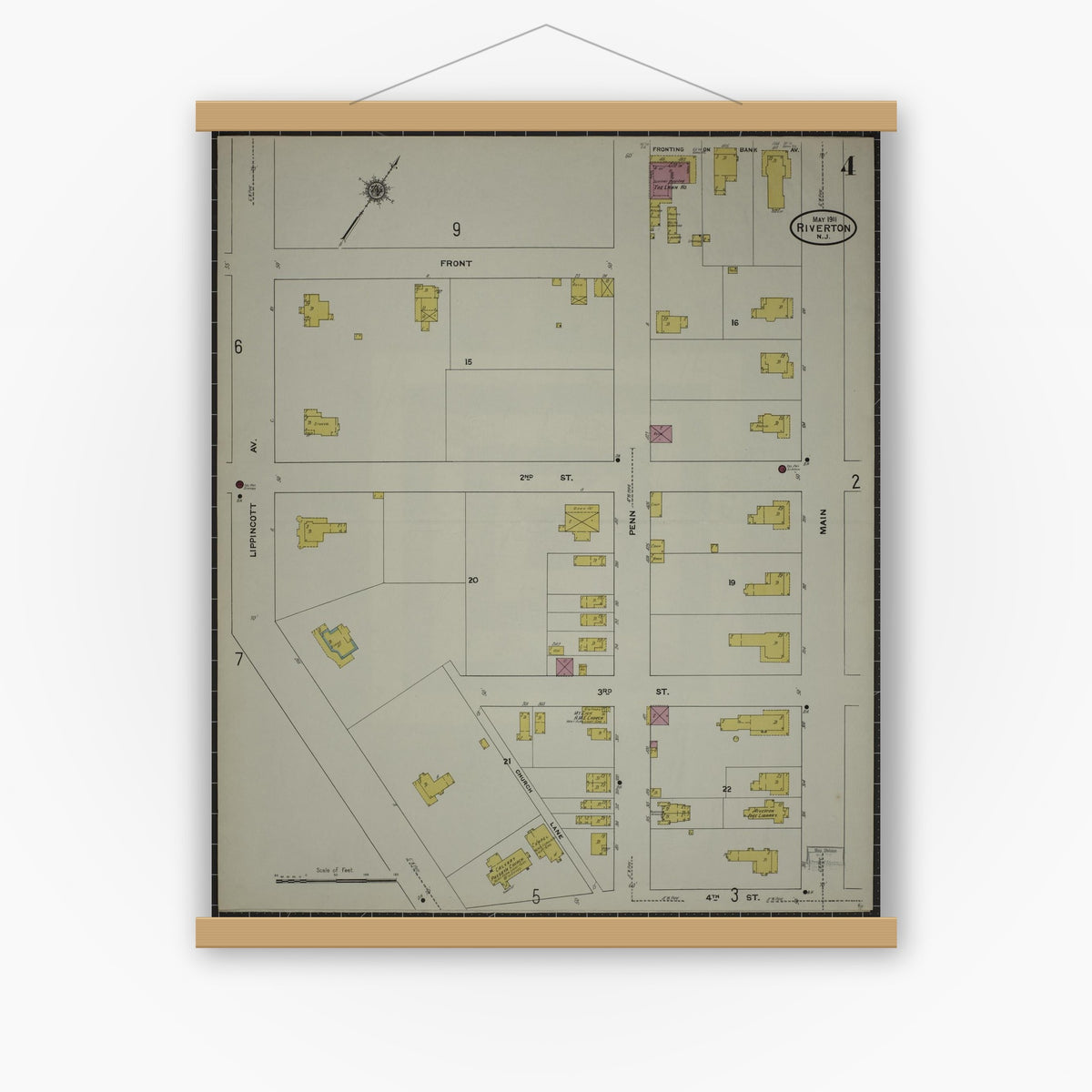 Old map wall art mockup — magnetic wood frame on white wall — Sanborn Fire Insurance Map from Riverton, Burlington County, New Jersey (1911), Sheet #0004