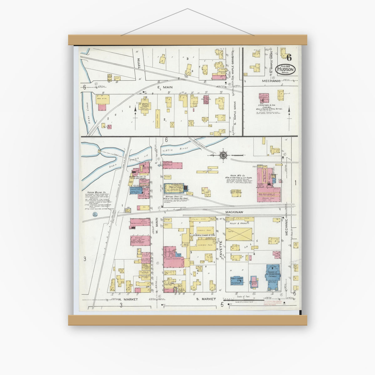 Old map wall art mockup — magnetic wood frame on white wall — Sanborn Fire Insurance Map from Hudson, Lenawee County, Michigan (1919), Sheet #0006