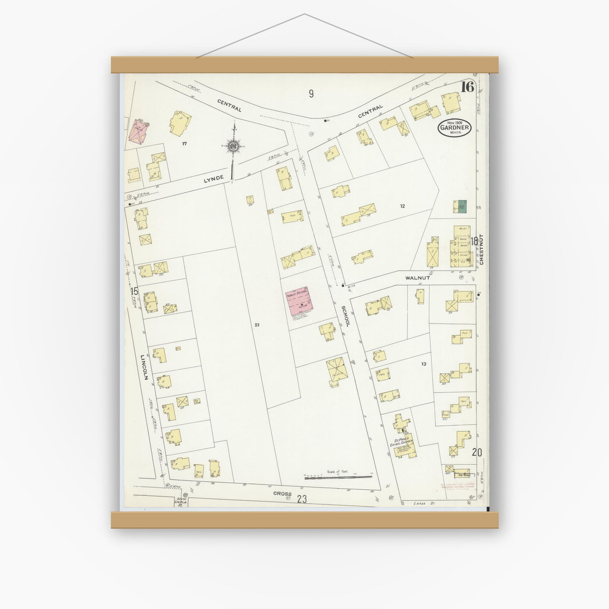 Old map wall art mockup — magnetic wood frame on white wall — Sanborn Fire Insurance Map from Gardner, Worcester County, Massachusetts (1909), Sheet #0016