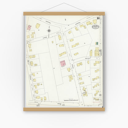 Old map wall art mockup — magnetic wood frame on white wall — Sanborn Fire Insurance Map from Gardner, Worcester County, Massachusetts (1909), Sheet #0016
