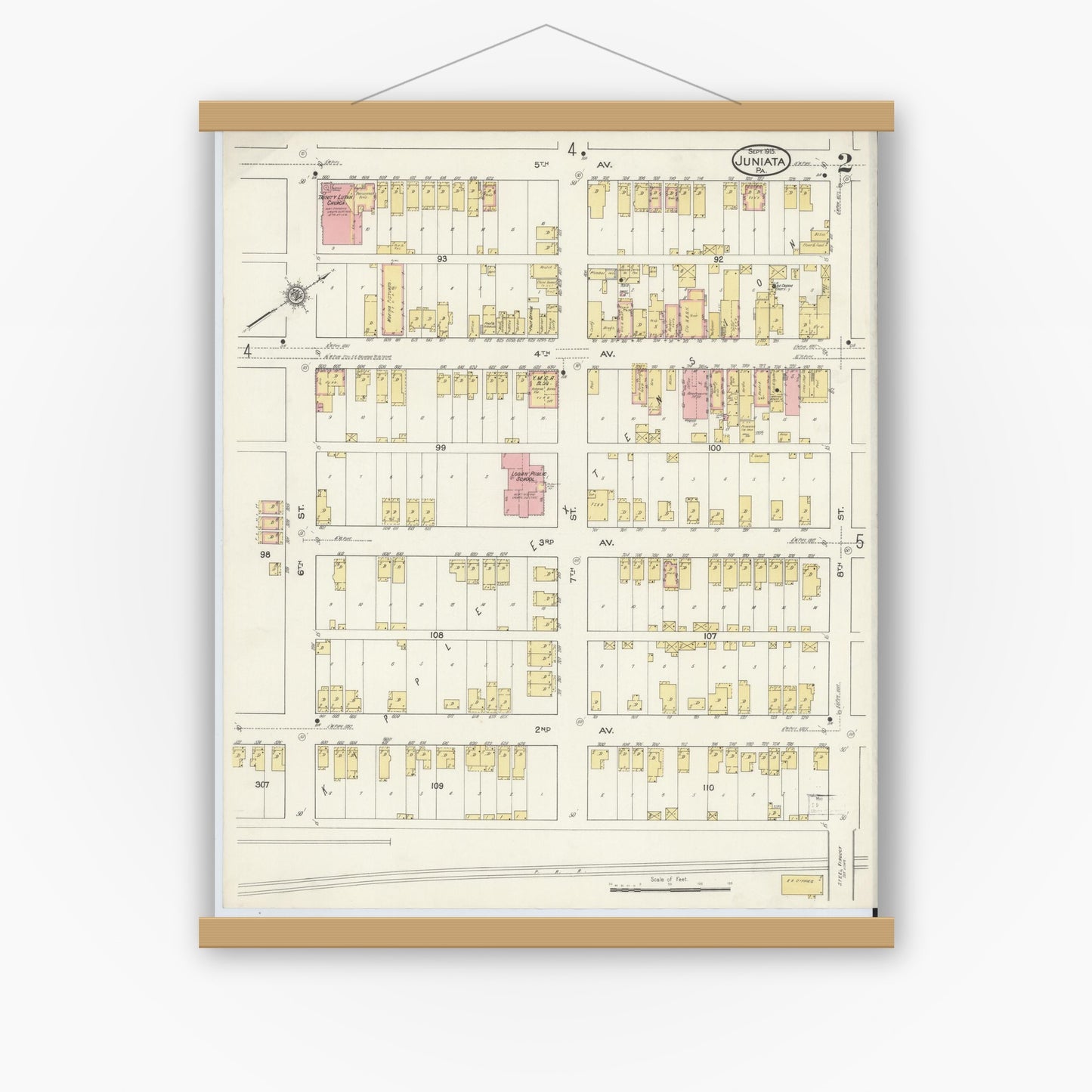 Old map wall art mockup — magnetic wood frame on white wall — Sanborn Fire Insurance Map from Juniata, Blair County, Pennsylvania (1915), Sheet #0002