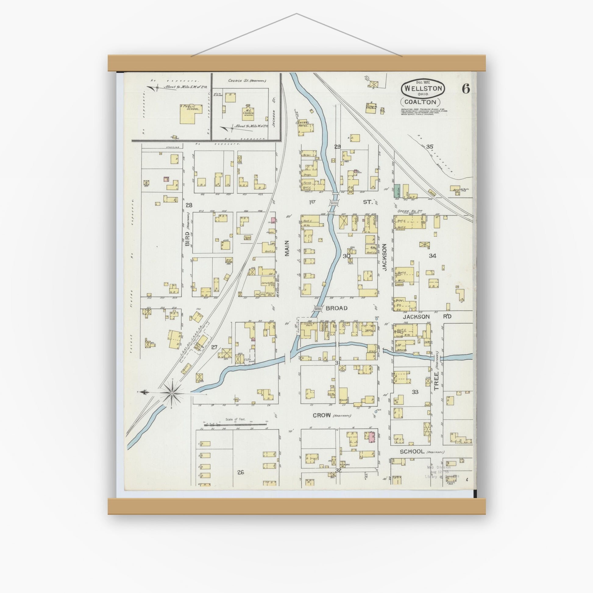 Old map wall art mockup — magnetic wood frame on white wall — Sanborn Fire Insurance Map from Wellston, Jackson County, Ohio (1892), Sheet #0006