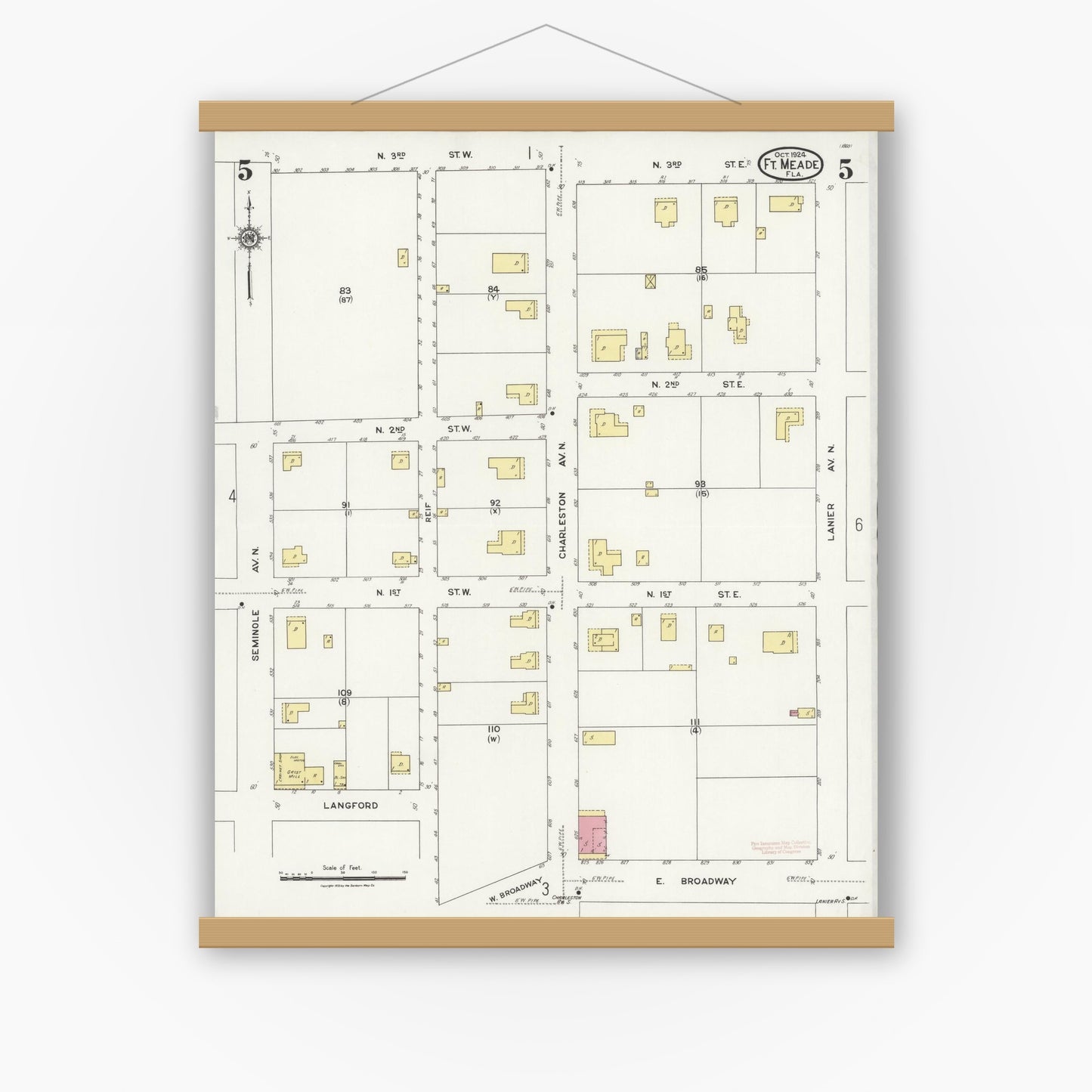 Old map wall art mockup — magnetic wood frame on white wall — Sanborn Fire Insurance Map from Fort Meade, Polk County, Florida (1924), Sheet #0005