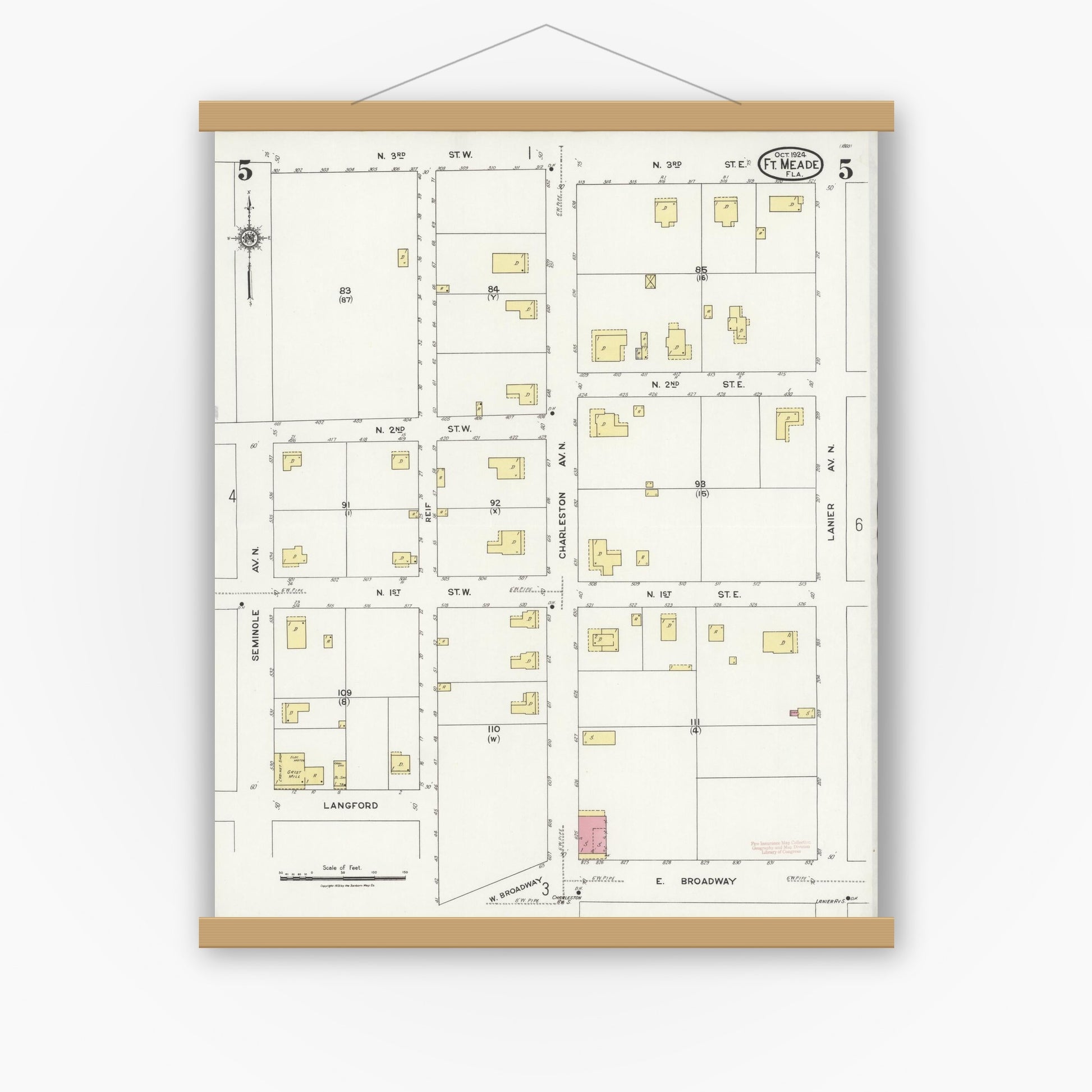 Old map wall art mockup — magnetic wood frame on white wall — Sanborn Fire Insurance Map from Fort Meade, Polk County, Florida (1924), Sheet #0005