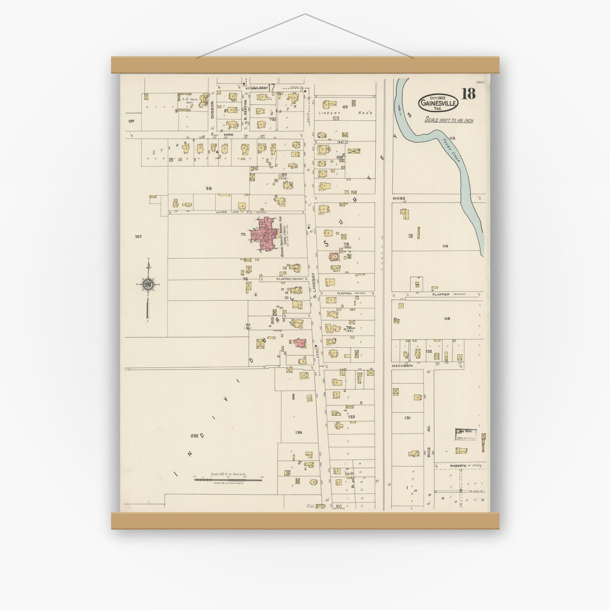 Old map wall art mockup — magnetic wood frame on white wall — Sanborn Fire Insurance Map from Gainesville, Cooke County, Texas (1922), Sheet #0018