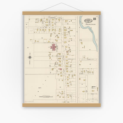 Old map wall art mockup — magnetic wood frame on white wall — Sanborn Fire Insurance Map from Gainesville, Cooke County, Texas (1922), Sheet #0018