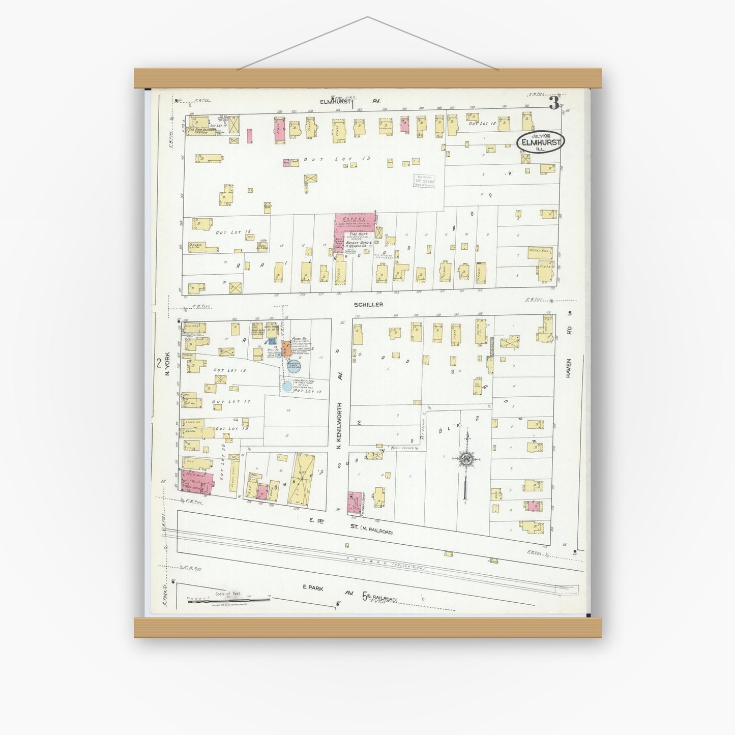 Old map wall art mockup — magnetic wood frame on white wall — Sanborn Fire Insurance Map from Elmhurst, Du Page County, Illinois (1918), Sheet #0003