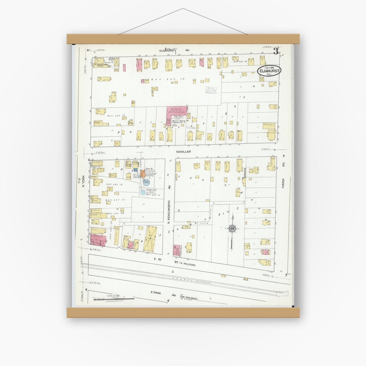 Old map wall art mockup — magnetic wood frame on white wall — Sanborn Fire Insurance Map from Elmhurst, Du Page County, Illinois (1918), Sheet #0003