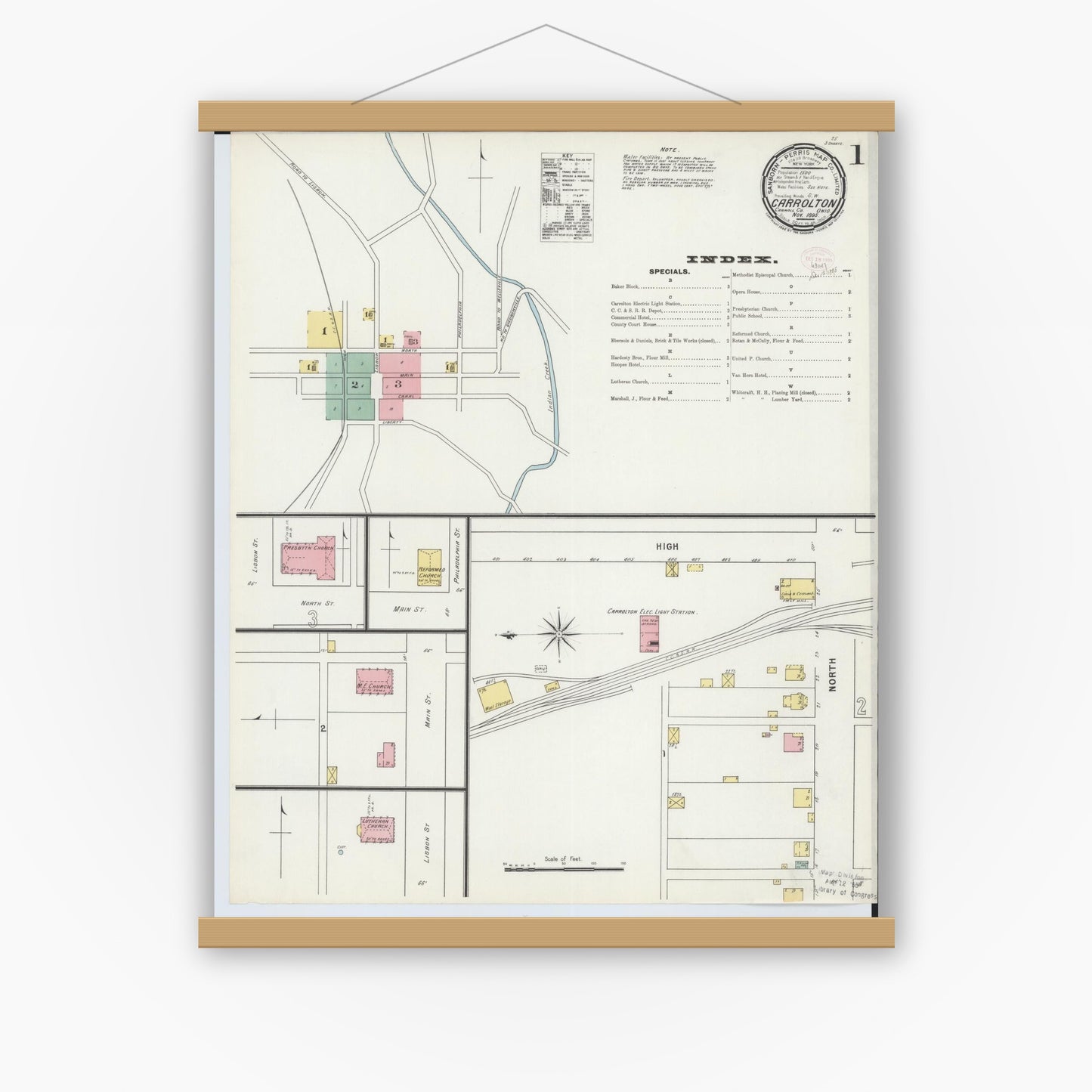 Old map wall art mockup — magnetic wood frame on white wall — Sanborn Fire Insurance Map from Carrollton, Carroll County, Ohio (1895), Sheet #0001