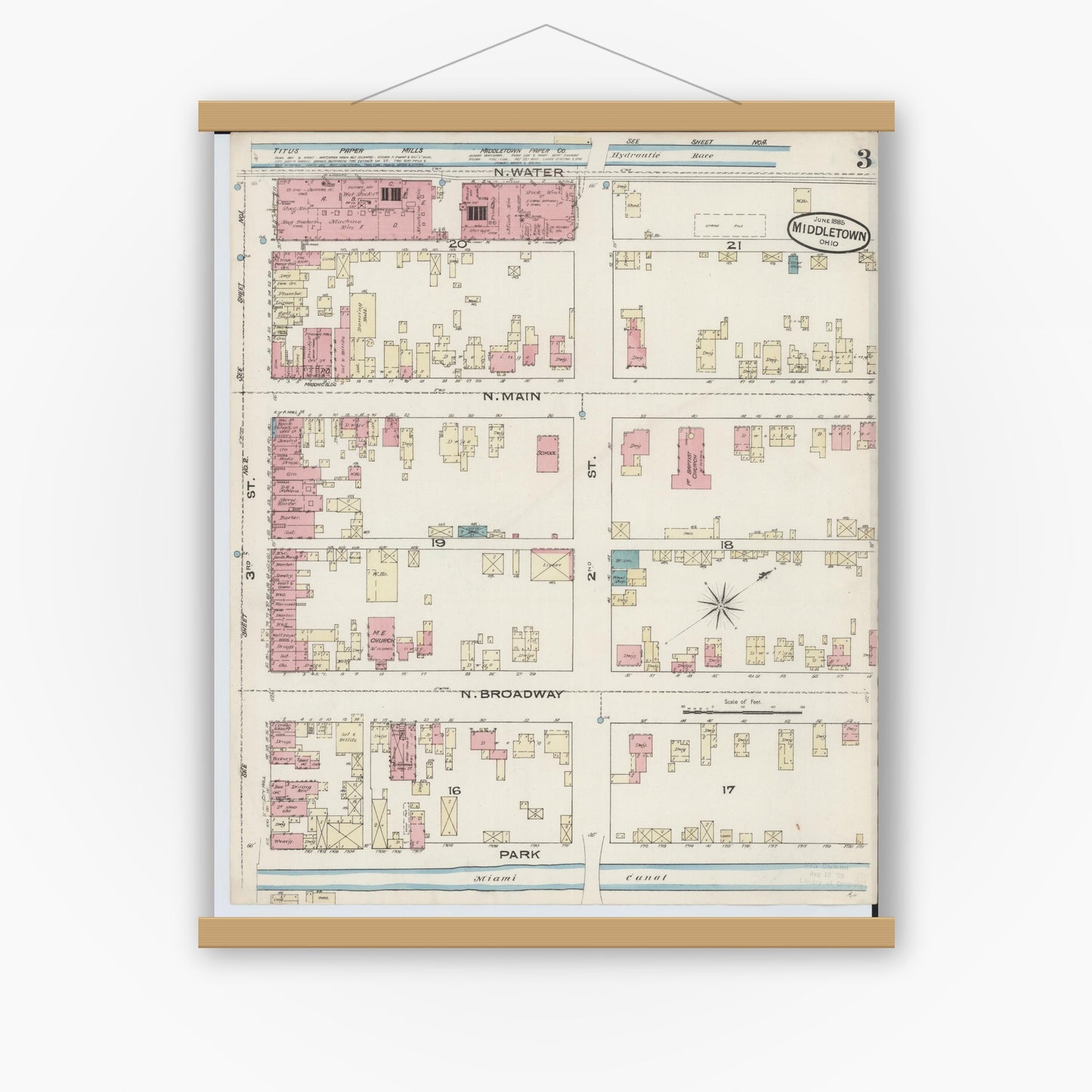 Old map wall art mockup — magnetic wood frame on white wall — Sanborn Fire Insurance Map from Middletown, Butler County, Ohio (1885), Sheet #0003