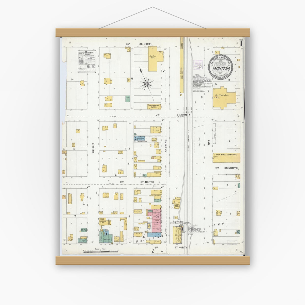 Old map wall art mockup — magnetic wood frame on white wall — Sanborn Fire Insurance Map from Manteno, Kankakee County, Illinois (1904) - Complete Map Set