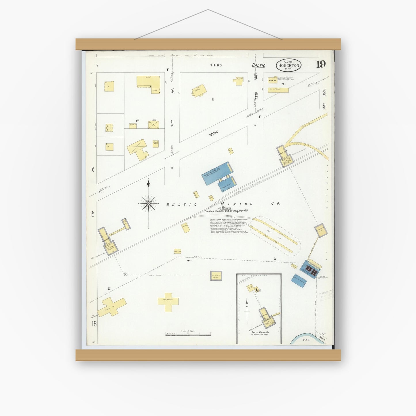 Old map wall art mockup — magnetic wood frame on white wall — Sanborn Fire Insurance Map from Houghton, Houghton County, Michigan (1908), Sheet #0019
