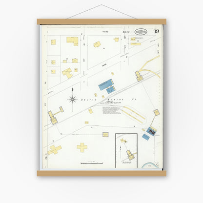 Old map wall art mockup — magnetic wood frame on white wall — Sanborn Fire Insurance Map from Houghton, Houghton County, Michigan (1908), Sheet #0019