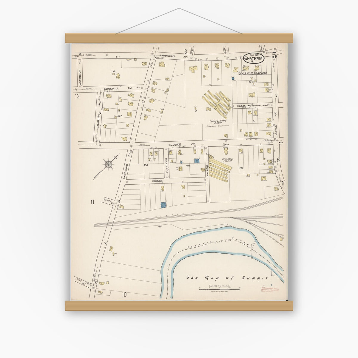 Old map wall art mockup — magnetic wood frame on white wall — Sanborn Fire Insurance Map from Chatham, Morris County, New Jersey (1921), Sheet #0005