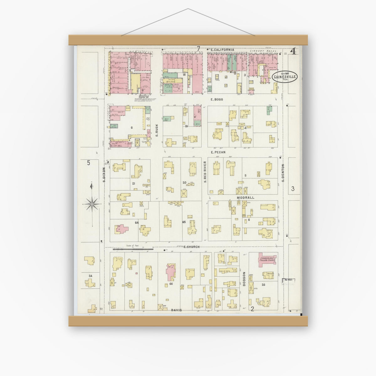 Old map wall art mockup — magnetic wood frame on white wall — Sanborn Fire Insurance Map from Gainesville, Cooke County, Texas (1897), Sheet #0004