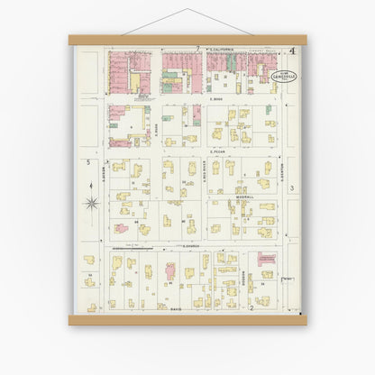 Old map wall art mockup — magnetic wood frame on white wall — Sanborn Fire Insurance Map from Gainesville, Cooke County, Texas (1897), Sheet #0004