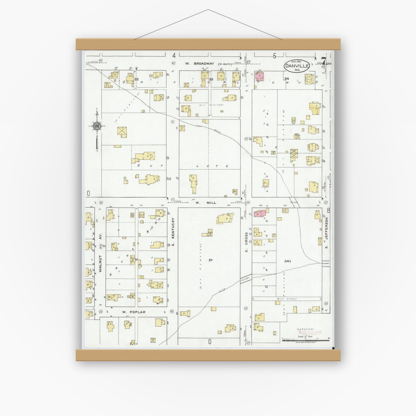 Old map wall art mockup — magnetic wood frame on white wall — Sanborn Fire Insurance Map from Danville, Hendricks County, Indiana (1920), Sheet #0007