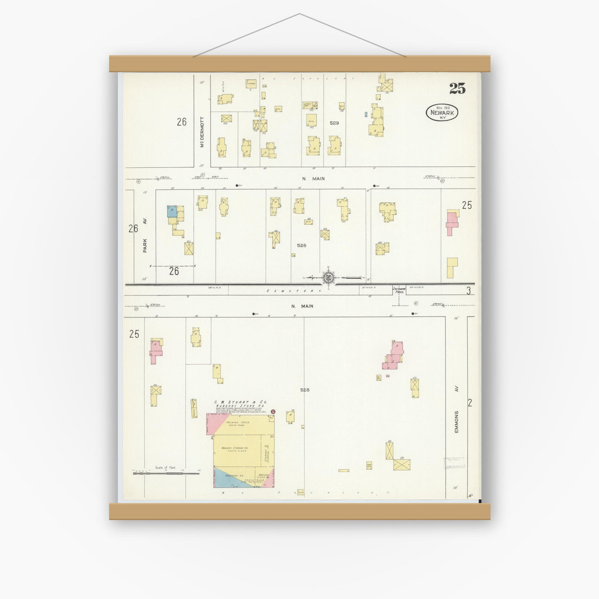 Old map wall art mockup — magnetic wood frame on white wall — Sanborn Fire Insurance Map from Newark, Wayne County, New York (1912), Sheet #0025