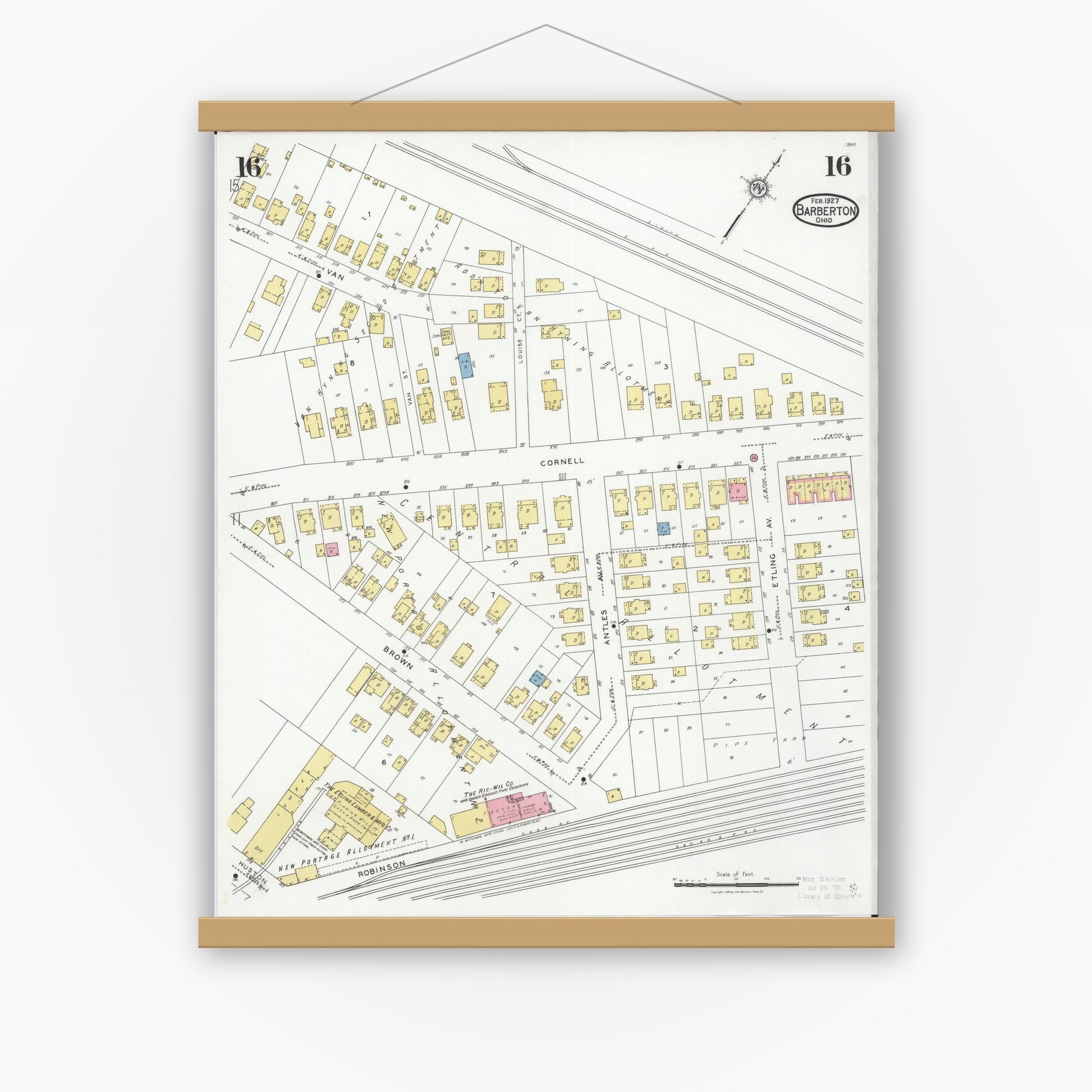 Old map wall art mockup — magnetic wood frame on white wall — Sanborn Fire Insurance Map from Barberton, Summit County, Ohio (1927), Sheet #0016