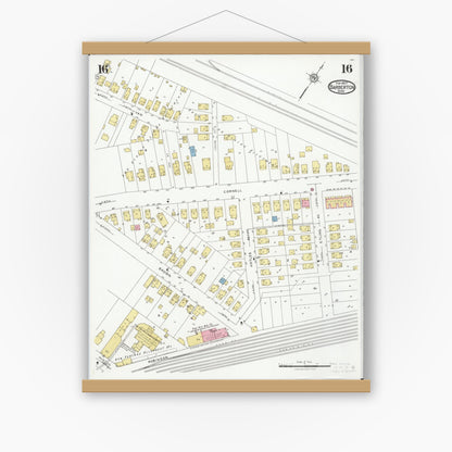 Old map wall art mockup — magnetic wood frame on white wall — Sanborn Fire Insurance Map from Barberton, Summit County, Ohio (1927), Sheet #0016