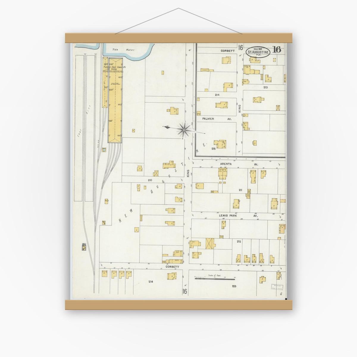 Old map wall art mockup — magnetic wood frame on white wall — Sanborn Fire Insurance Map from Saint Augustine, Saint John's County, Florida (1904), Sheet #0016