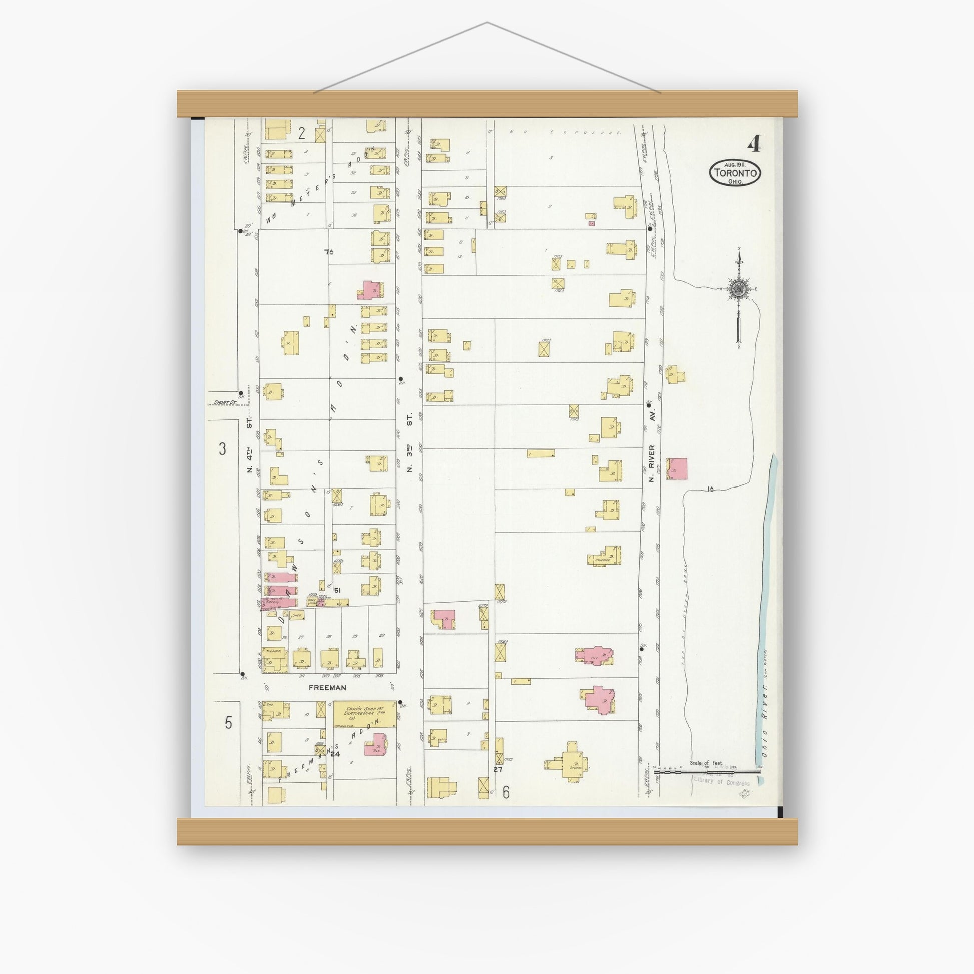 Old map wall art mockup — magnetic wood frame on white wall — Sanborn Fire Insurance Map from Toronto, Jefferson County, Ohio (1911), Sheet #0004