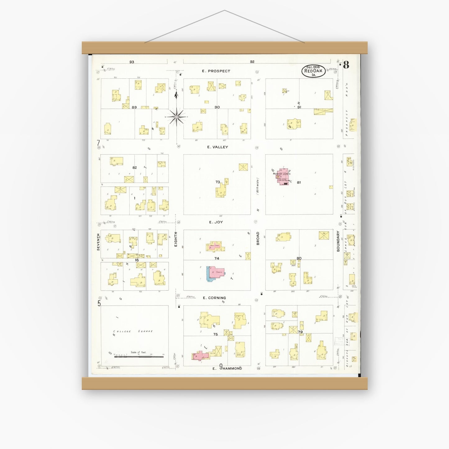 Old map wall art mockup — magnetic wood frame on white wall — Sanborn Fire Insurance Map from Red Oak, Montgomery County, Iowa (1908), Sheet #0008
