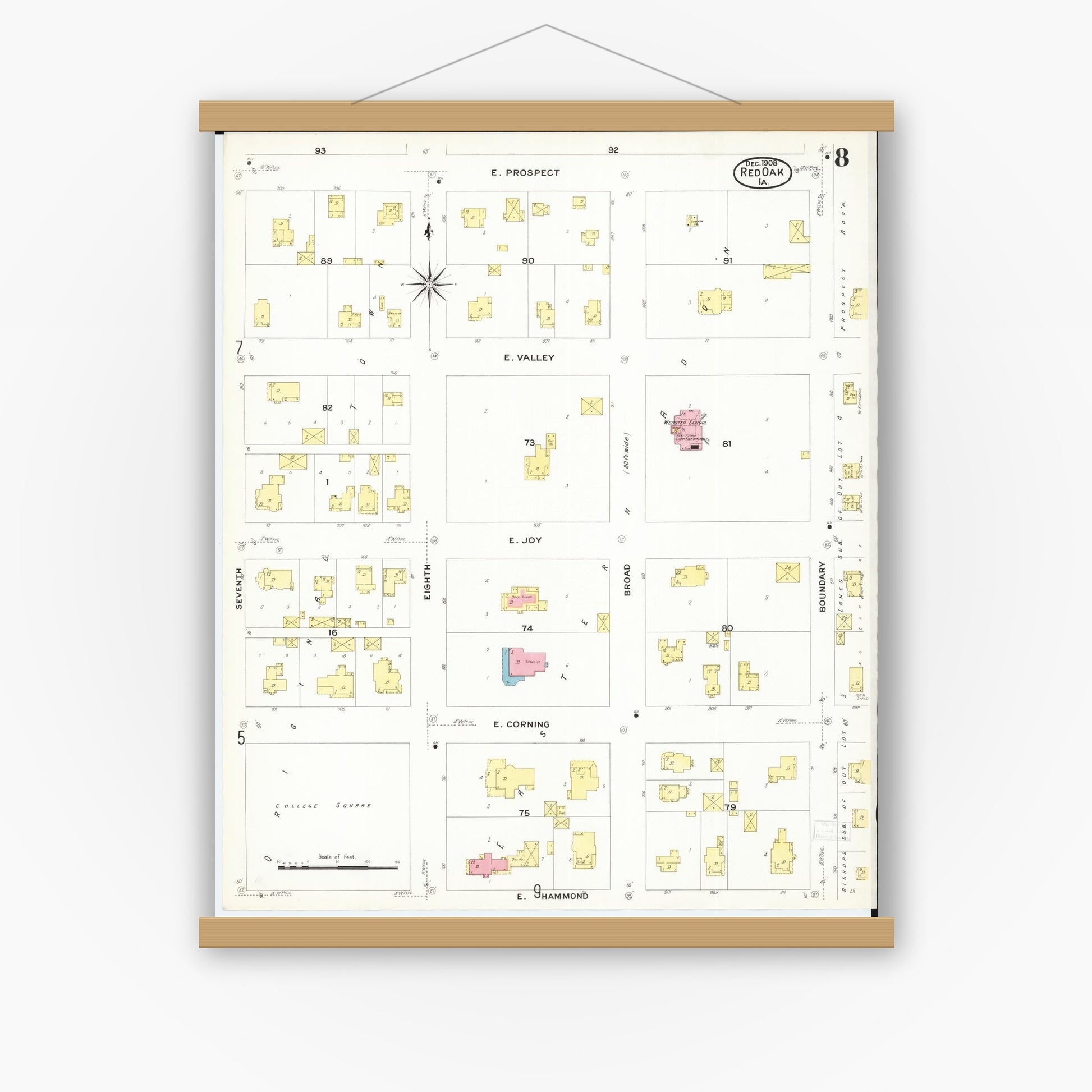 Old map wall art mockup — magnetic wood frame on white wall — Sanborn Fire Insurance Map from Red Oak, Montgomery County, Iowa (1908), Sheet #0008