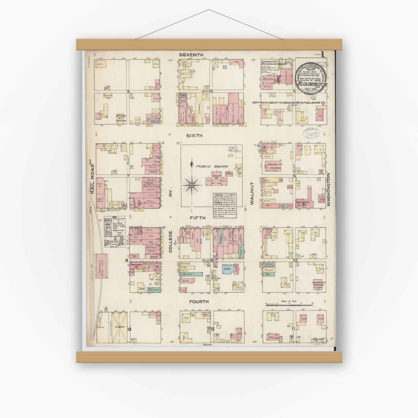 Old map wall art mockup — magnetic wood frame on white wall — Sanborn Fire Insurance Map from Bloomington, Monroe County, Indiana (1883), Sheet #0001