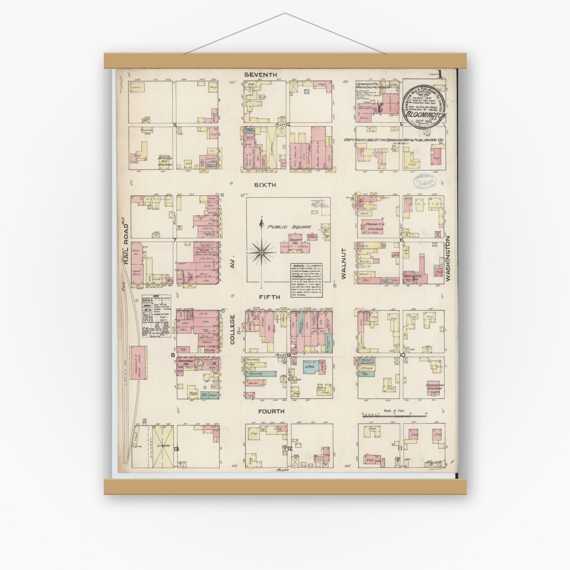 Old map wall art mockup — magnetic wood frame on white wall — Sanborn Fire Insurance Map from Bloomington, Monroe County, Indiana (1883), Sheet #0001