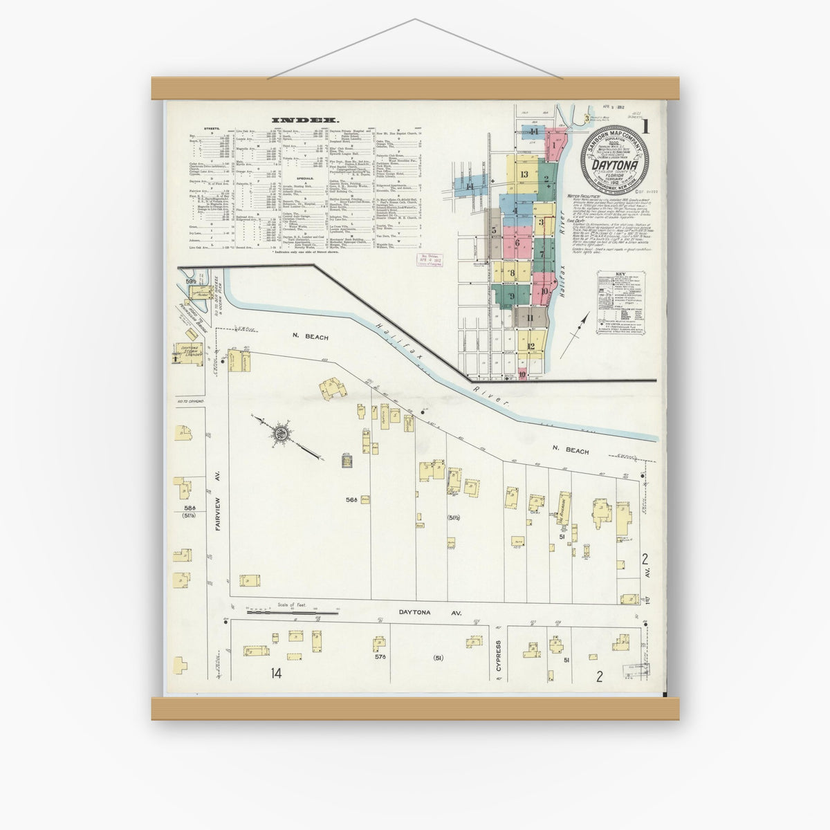 Old map wall art mockup — magnetic wood frame on white wall — Sanborn Fire Insurance Map from Daytona, Volusia County, Florida (1912) - Complete Map Set