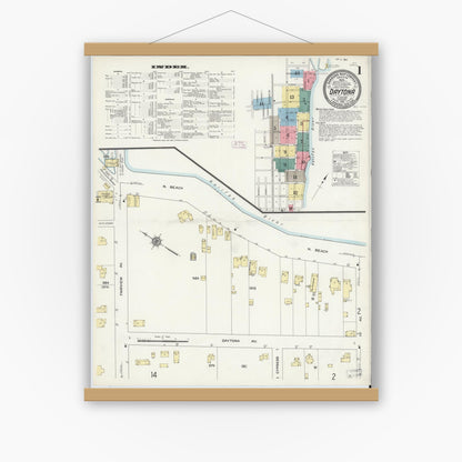 Old map wall art mockup — magnetic wood frame on white wall — Sanborn Fire Insurance Map from Daytona, Volusia County, Florida (1912) - Complete Map Set