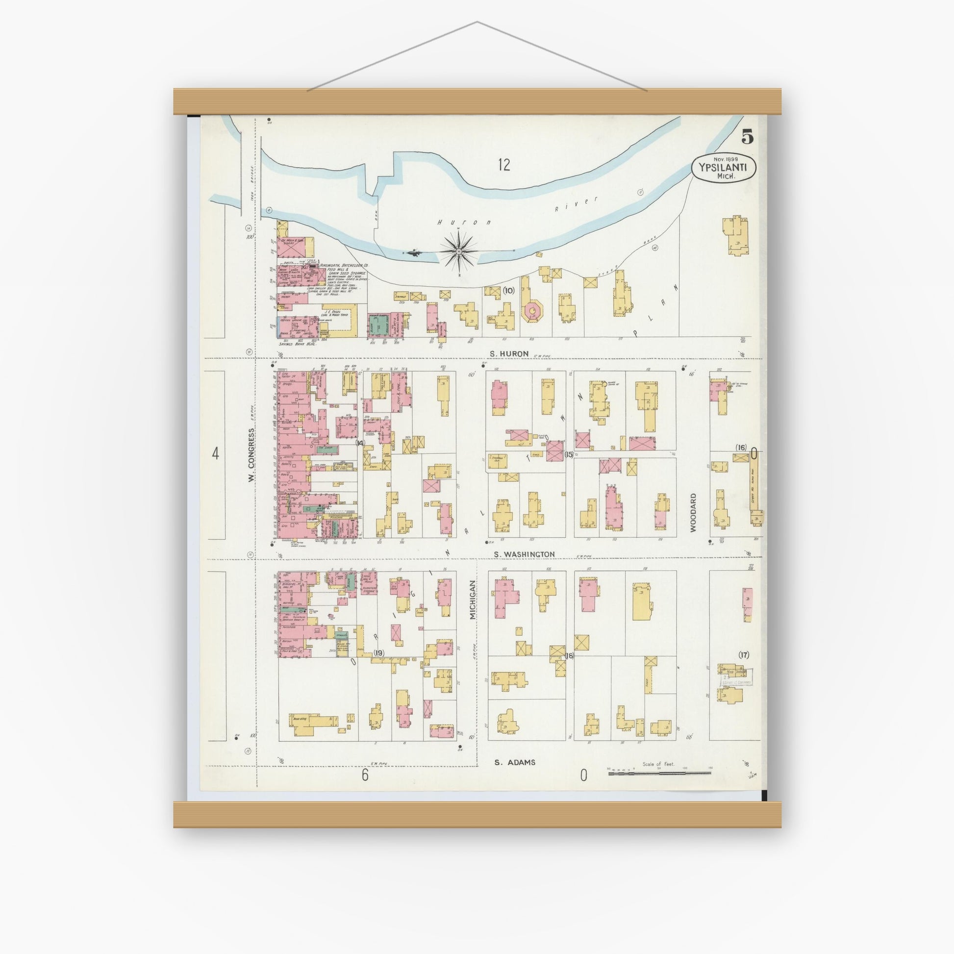 Old map wall art mockup — magnetic wood frame on white wall — Sanborn Fire Insurance Map from Ypsilanti, Washtenaw County, Michigan (1899), Sheet #0005