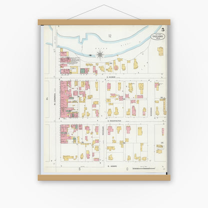 Old map wall art mockup — magnetic wood frame on white wall — Sanborn Fire Insurance Map from Ypsilanti, Washtenaw County, Michigan (1899), Sheet #0005