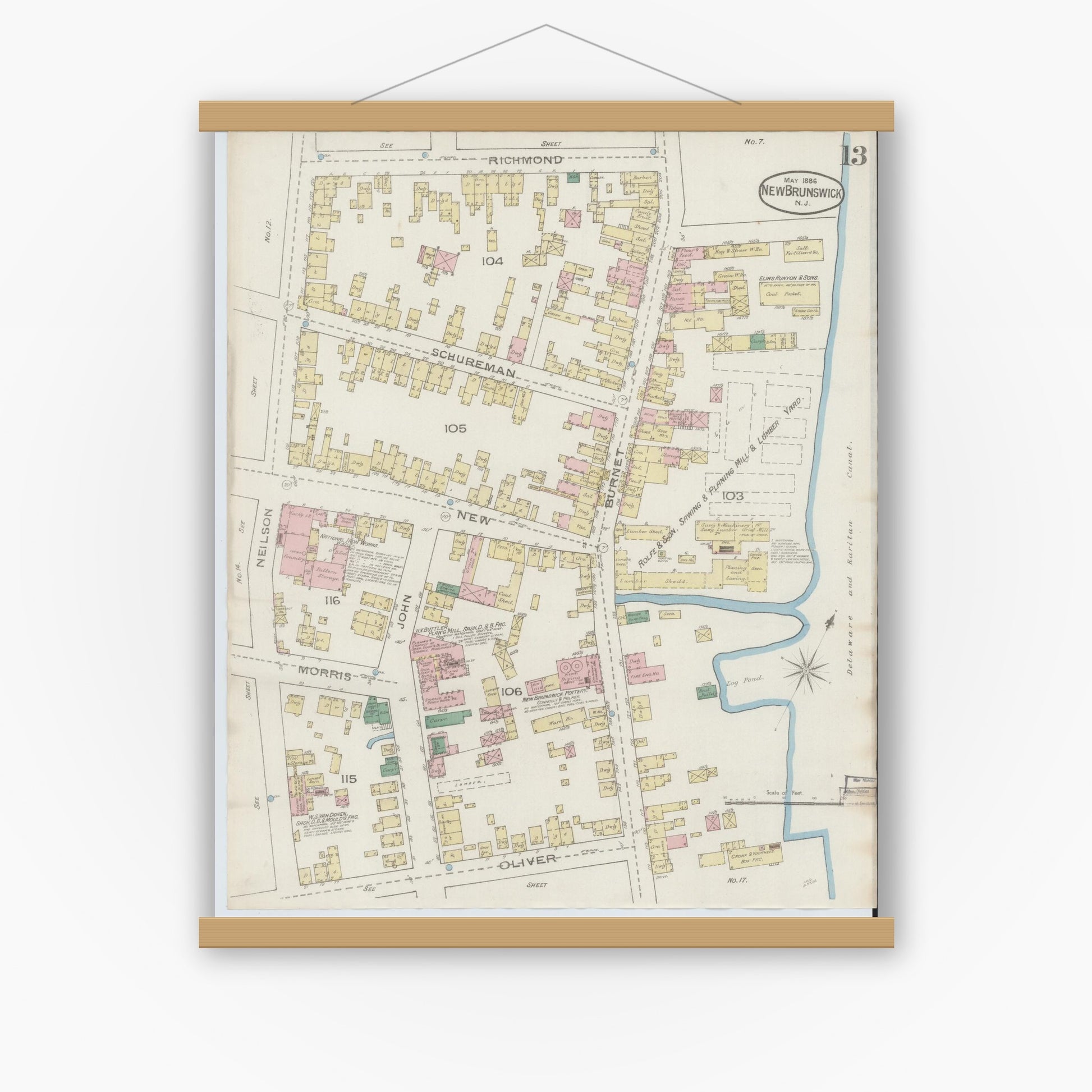 Old map wall art mockup — magnetic wood frame on white wall — Sanborn Fire Insurance Map from New Brunswick, Middlesex County, New Jersey (1886), Sheet #0013