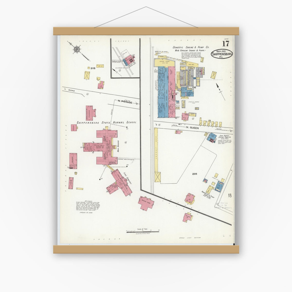 Old map wall art mockup — magnetic wood frame on white wall — Sanborn Fire Insurance Map from Shippensburg, Cumberland And Franklin Counties, Pennsylvania (1921), Sheet #0017