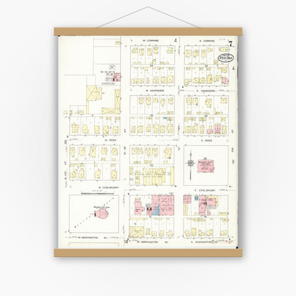 Old map wall art mockup — magnetic wood frame on white wall — Sanborn Fire Insurance Map from Red Oak, Montgomery County, Iowa (1914), Sheet #0007