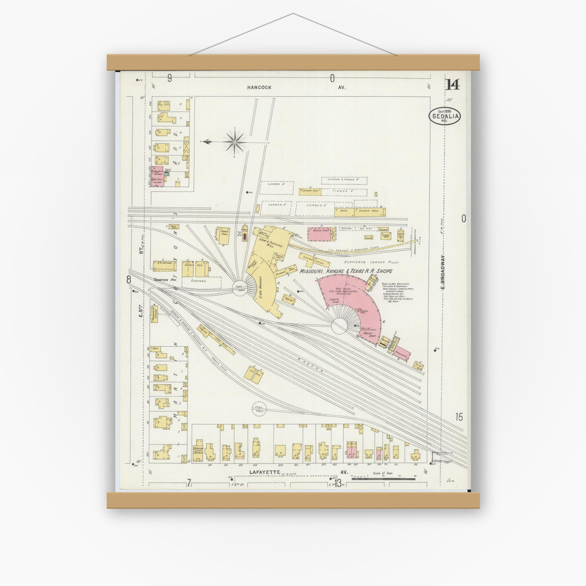 Old map wall art mockup — magnetic wood frame on white wall — Sanborn Fire Insurance Map from Sedalia, Pettis County, Missouri (1898), Sheet #0014