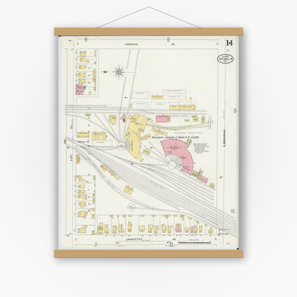 Old map wall art mockup — magnetic wood frame on white wall — Sanborn Fire Insurance Map from Sedalia, Pettis County, Missouri (1898), Sheet #0014