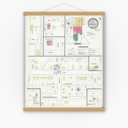 Old map wall art mockup — magnetic wood frame on white wall — Sanborn Fire Insurance Map from Princeville, Peoria County, Illinois (1909) - Complete Map Set
