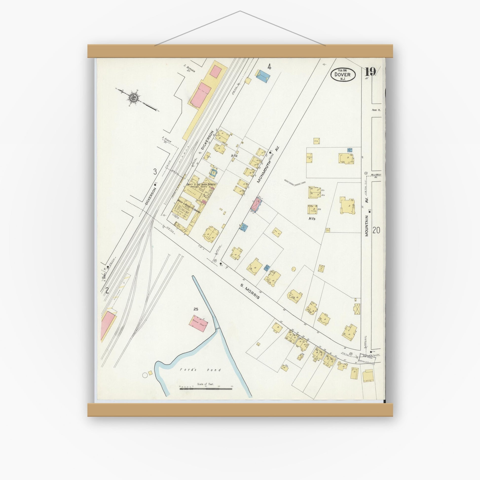 Old map wall art mockup — magnetic wood frame on white wall — Sanborn Fire Insurance Map from Dover, Morris County, New Jersey (1916), Sheet #0019