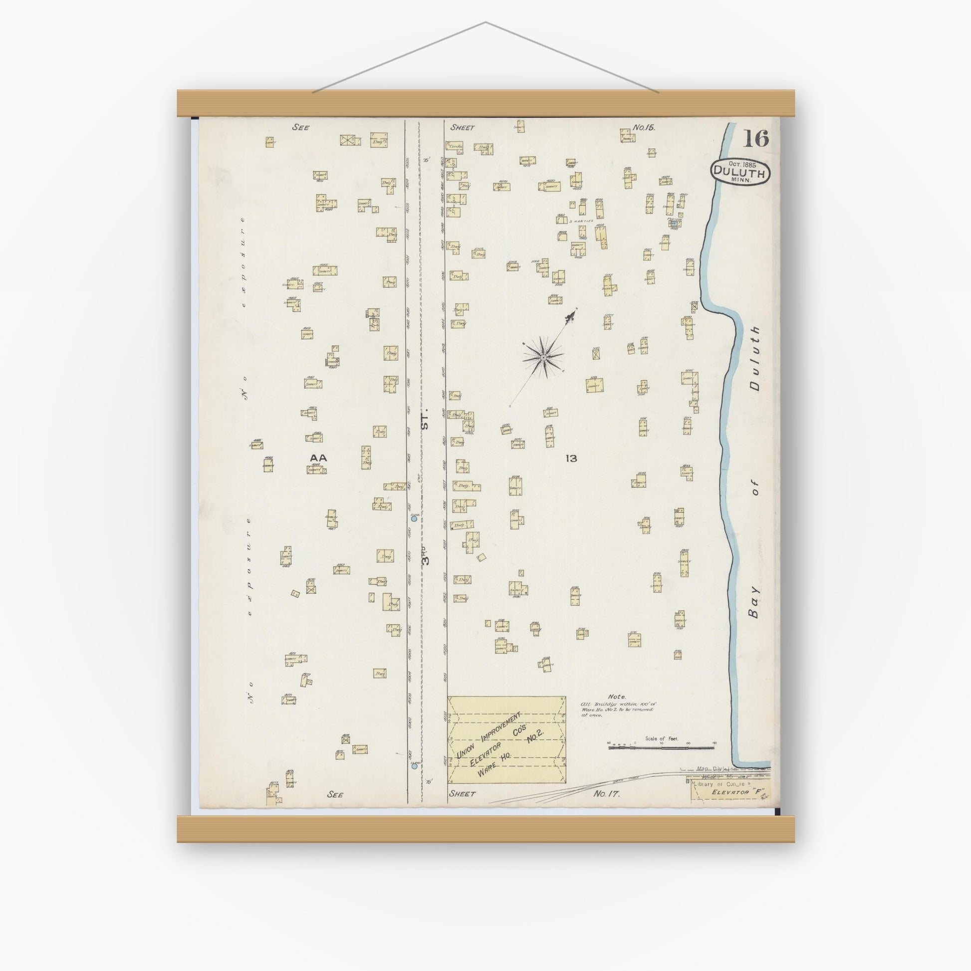 Old map wall art mockup — magnetic wood frame on white wall — Sanborn Fire Insurance Map from Duluth, Saint Louis County, Minnesota (1885), Sheet #0016