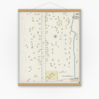 Old map wall art mockup — magnetic wood frame on white wall — Sanborn Fire Insurance Map from Duluth, Saint Louis County, Minnesota (1885), Sheet #0016