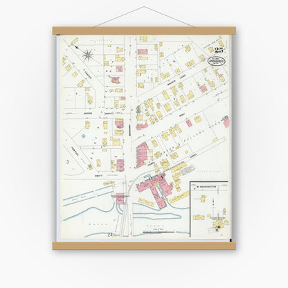 Old map wall art mockup — magnetic wood frame on white wall — Sanborn Fire Insurance Map from Ann Arbor, Washtenaw County, Michigan (1908), Sheet #0025