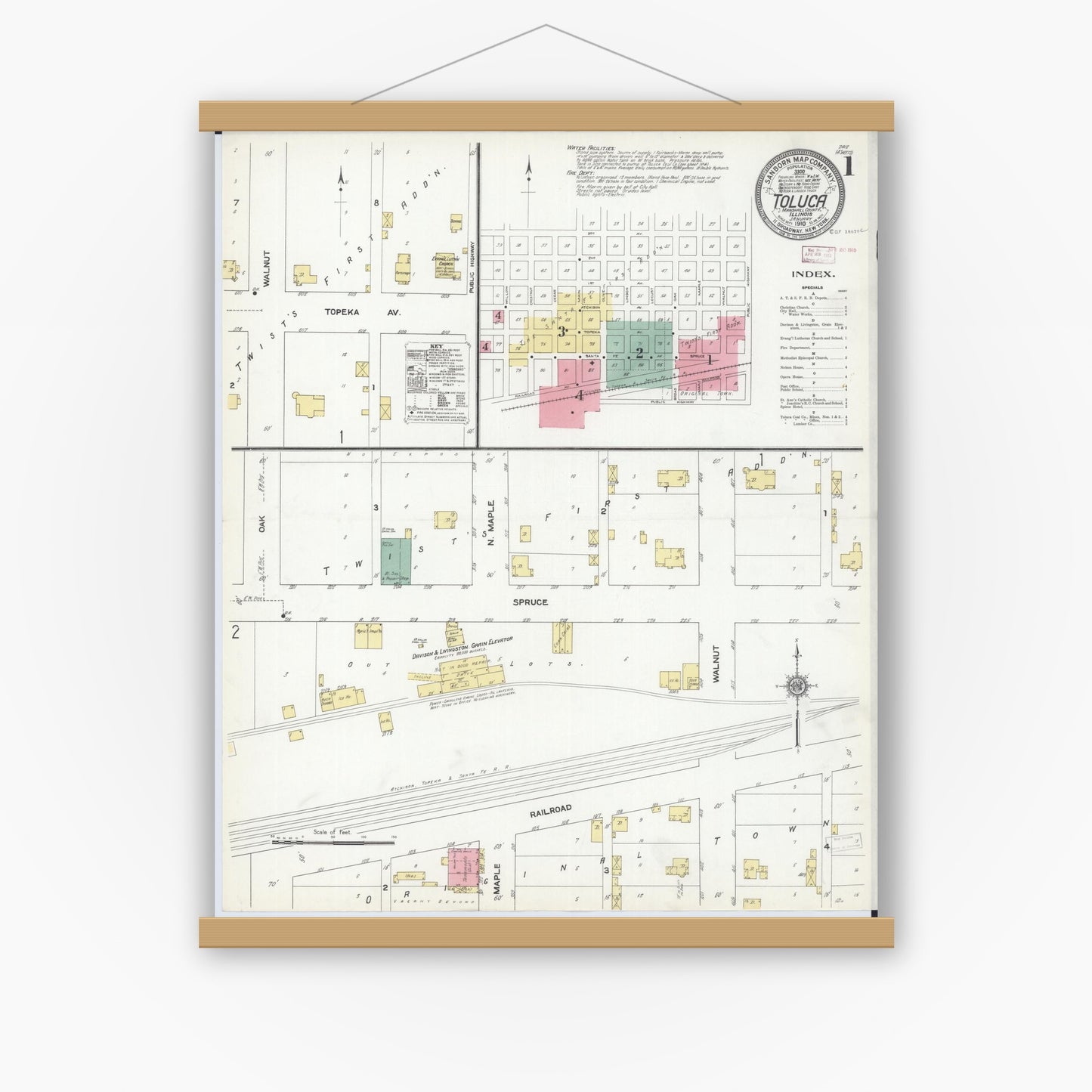 Old map wall art mockup — magnetic wood frame on white wall — Sanborn Fire Insurance Map from Toluca, Marshall County, Illinois (1910) - Complete Map Set