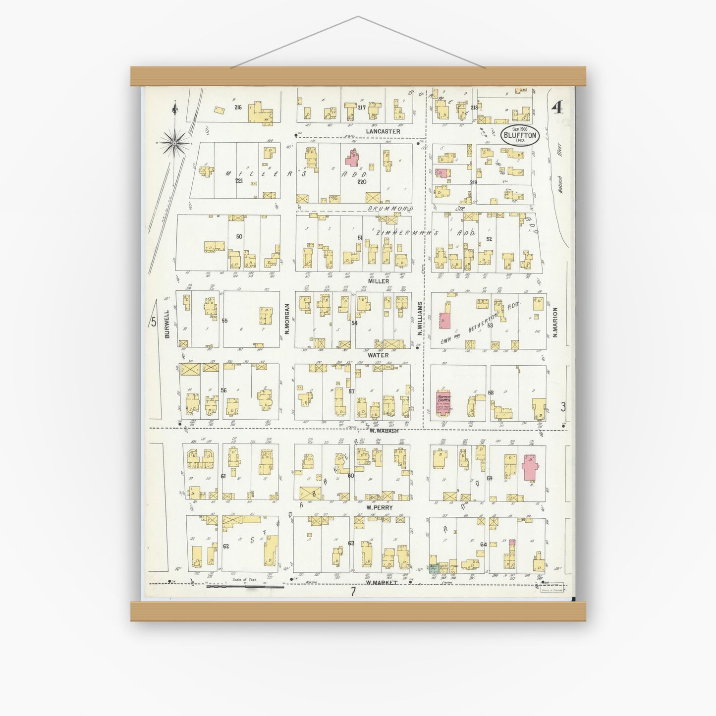 Old map wall art mockup — magnetic wood frame on white wall — Sanborn Fire Insurance Map from Bluffton, Wells County, Indiana (1900), Sheet #0004