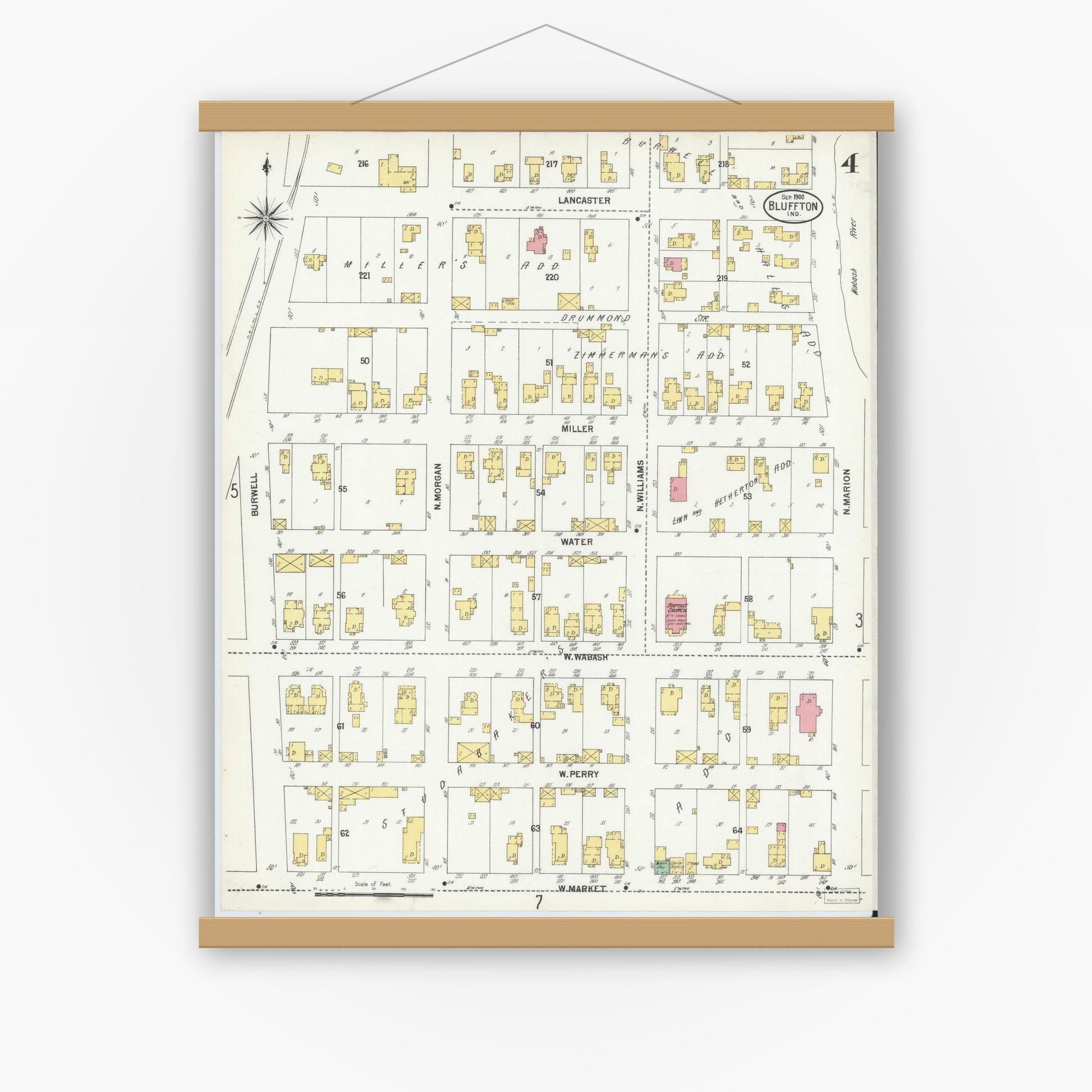Old map wall art mockup — magnetic wood frame on white wall — Sanborn Fire Insurance Map from Bluffton, Wells County, Indiana (1900), Sheet #0004